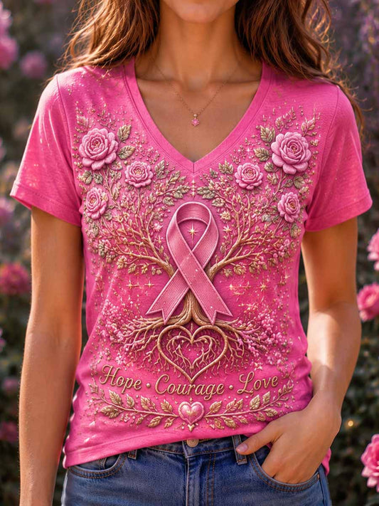 Women's Floral & Tree of Life Pattern Pink Breast Cancer Support Printed T-Shirt