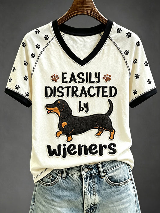 Women's Easily Distracted by Wieners Funny Dachshund Print V-neck Short-sleeved T-shirt