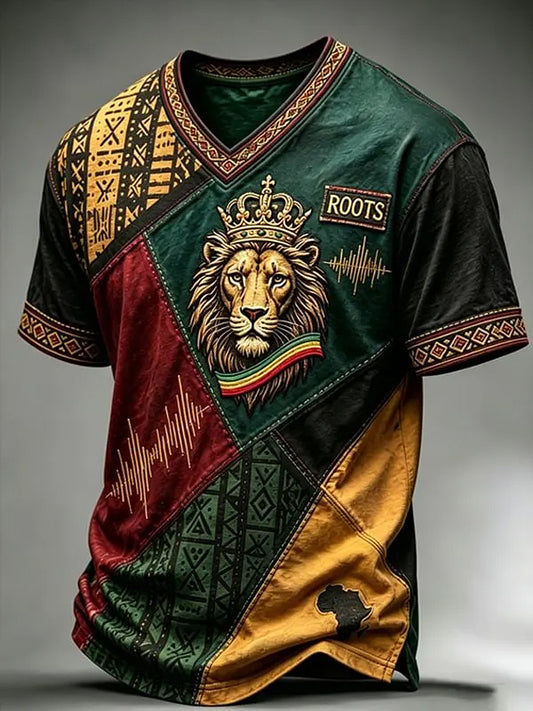 Retro Reggae Print Casual V-Neck T-Shirt
