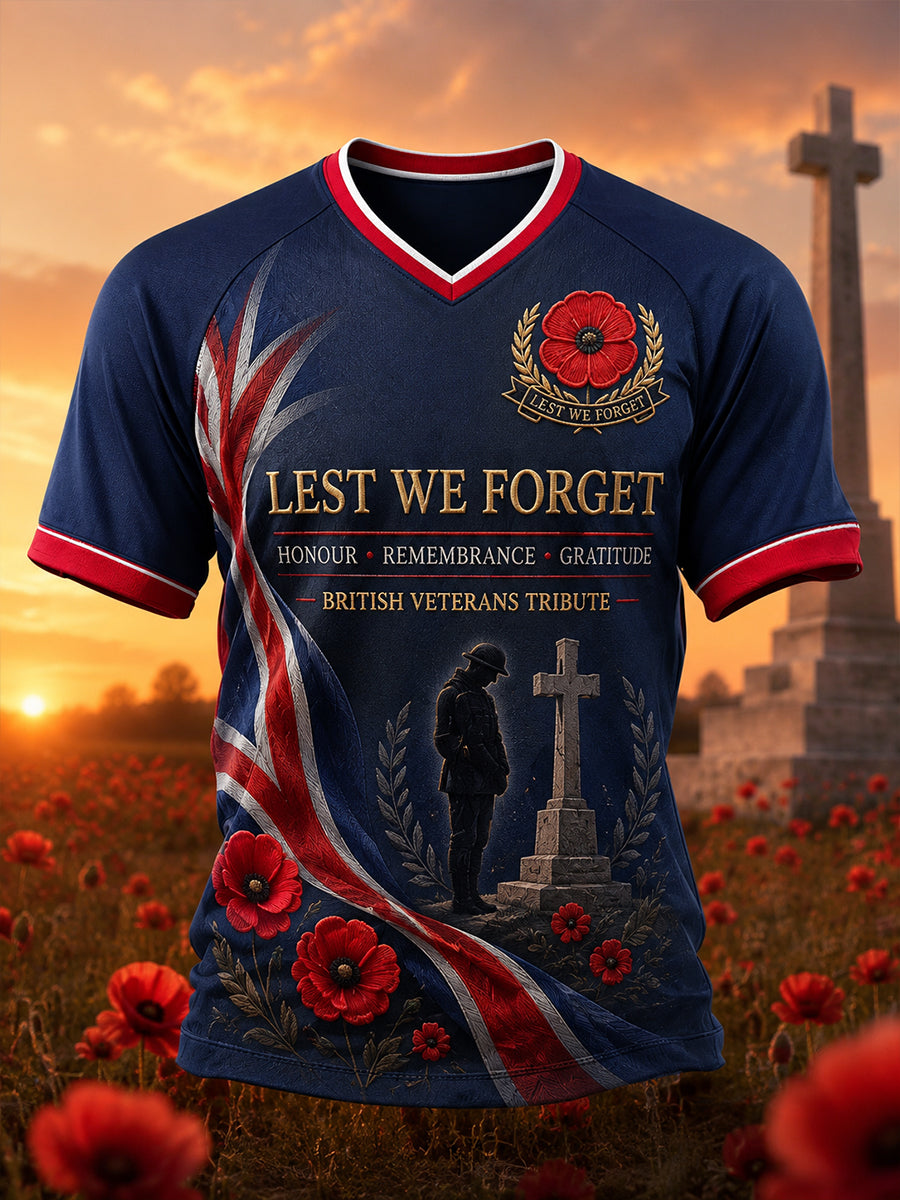 Men's British Veteran Commemorative Print V-Neck Raglan Short-Sleeve T-Shirt