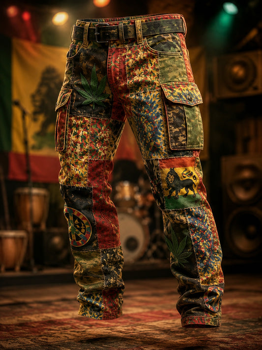 Retro Reggae-Inspired Patchwork Casual Work Pants