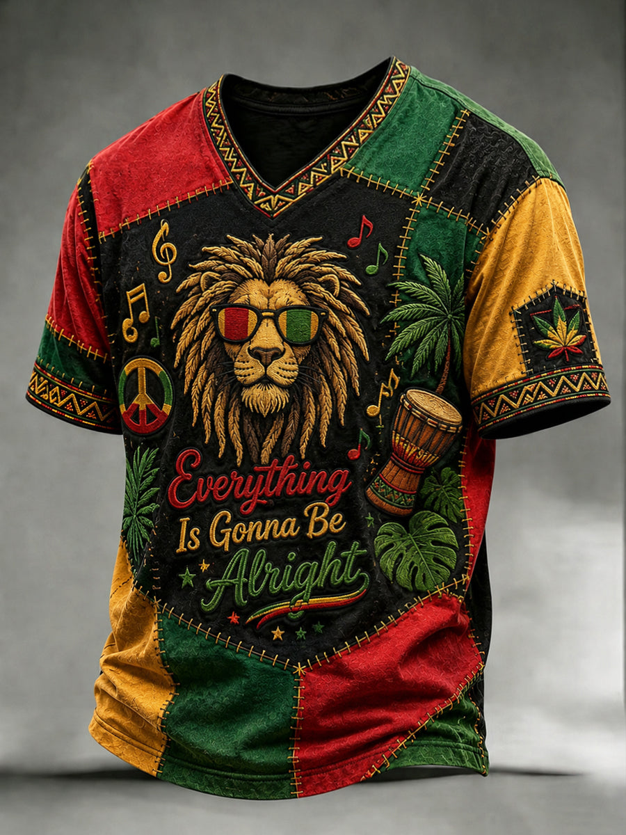 Retro Reggae Lion Patchwork Casual V-Neck T-Shirt