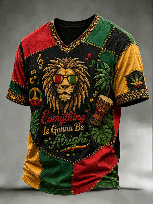 Retro Reggae Lion Patchwork Casual V-Neck T-Shirt