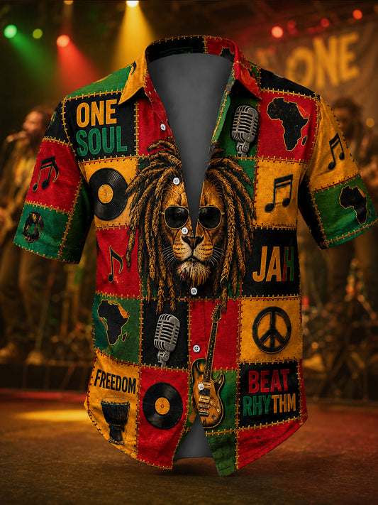 Retro Reggae Lion Patchwork Casual Shirt