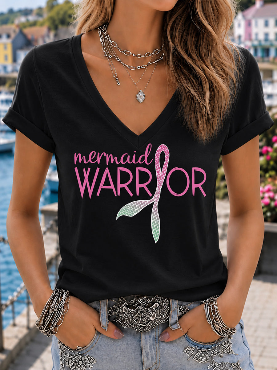 Women's Pink Wig Mermaid March Breast Cancer Awareness Print T-shirt