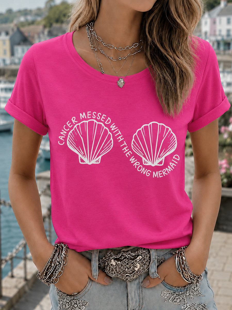 Women's Pink Wig Mermaid March Breast Cancer Awareness Print T-shirt