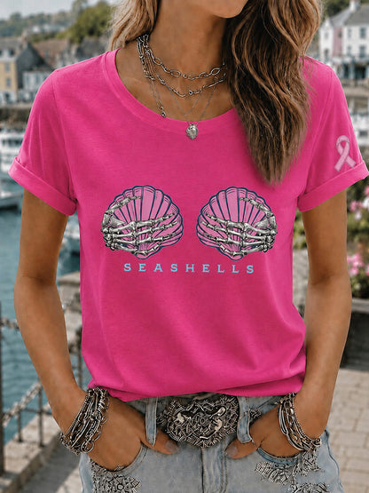 Women's Pink Wig Mermaid March Breast Cancer Awareness Print T-shirt