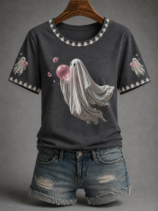 Women’s Fall Halloween Cute Bubble Gum Ghost Print Casual Tee