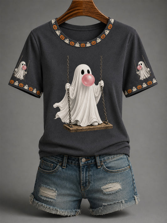 Women’s Fall Halloween Cute Bubble Gum Ghost on Swing Print Casual Tee