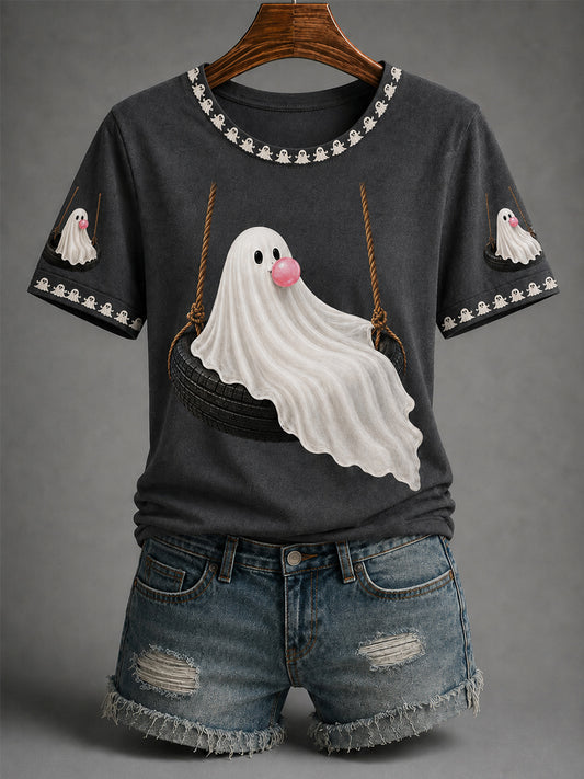 Women’s Fall Halloween Cute Bubble Gum Ghost On Swing Print Casual Tee