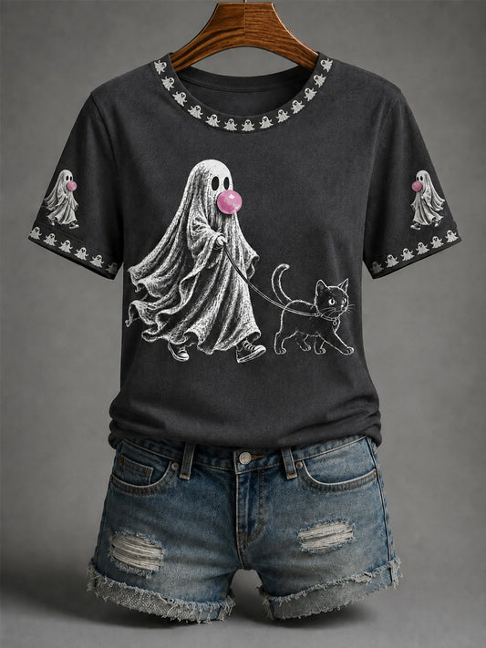 Women's Fall Season Halloween Ghost Blowing Bubble Gum And Cat Print Casual Tee