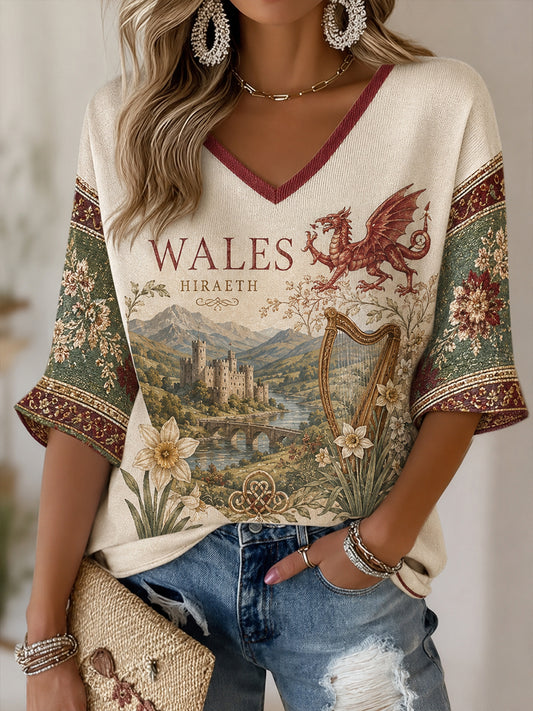 Women's Wales Welsh Rugby Lover Pattern Linen V-Neck Shirt