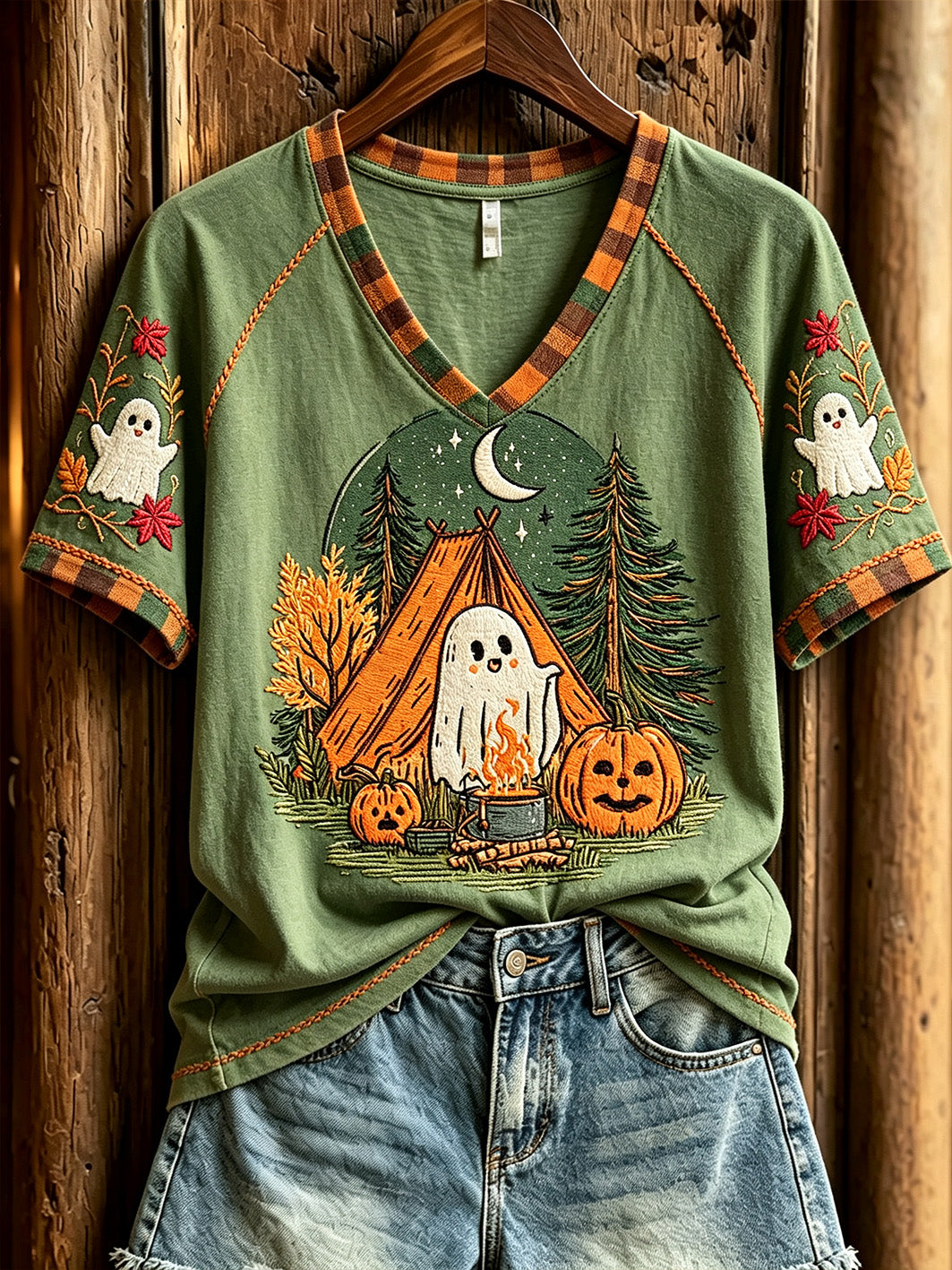 Women's cute ghost camping pattern printed casual short-sleeve T-shirt