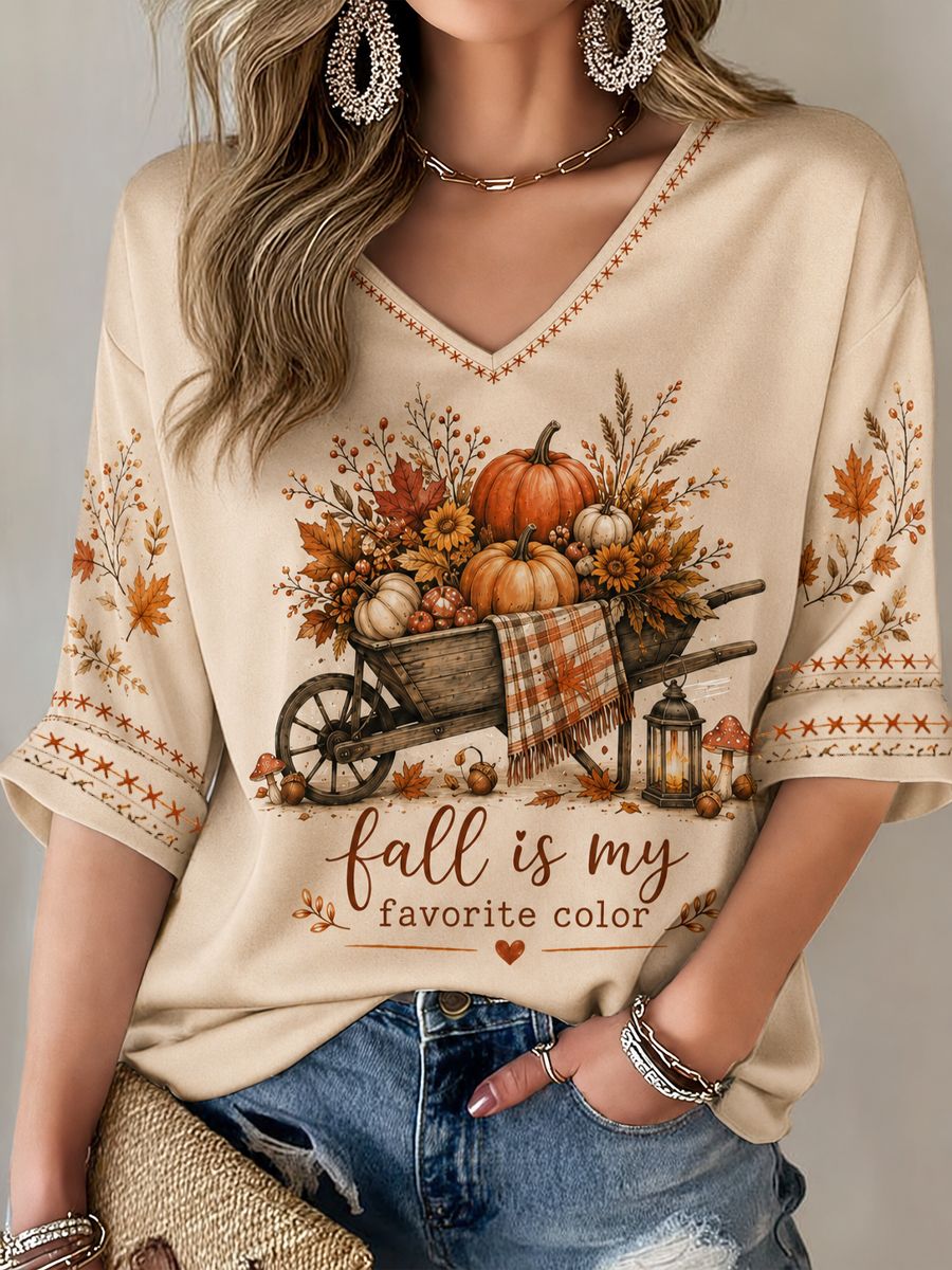 Women's Fall Is My Favorite Color Mid-length Sleeves V-Neck T-Shirt