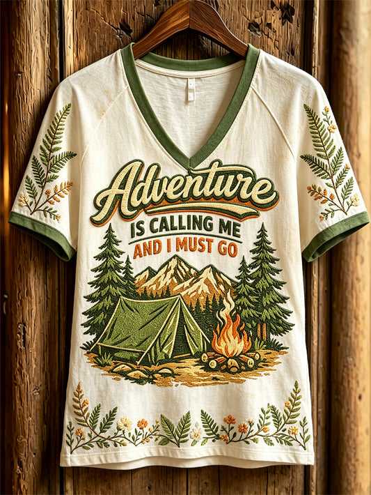 Women's autumn camping pattern printed casual short-sleeve T-shirt