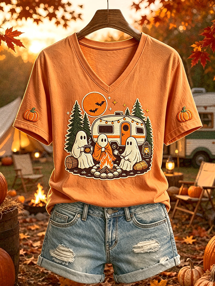 Women's Funny Halloween Camping Ghost Print Short-sleeved T-shirt