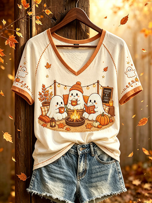 Women's cute ghost camping pattern printed casual short-sleeve T-shirt
