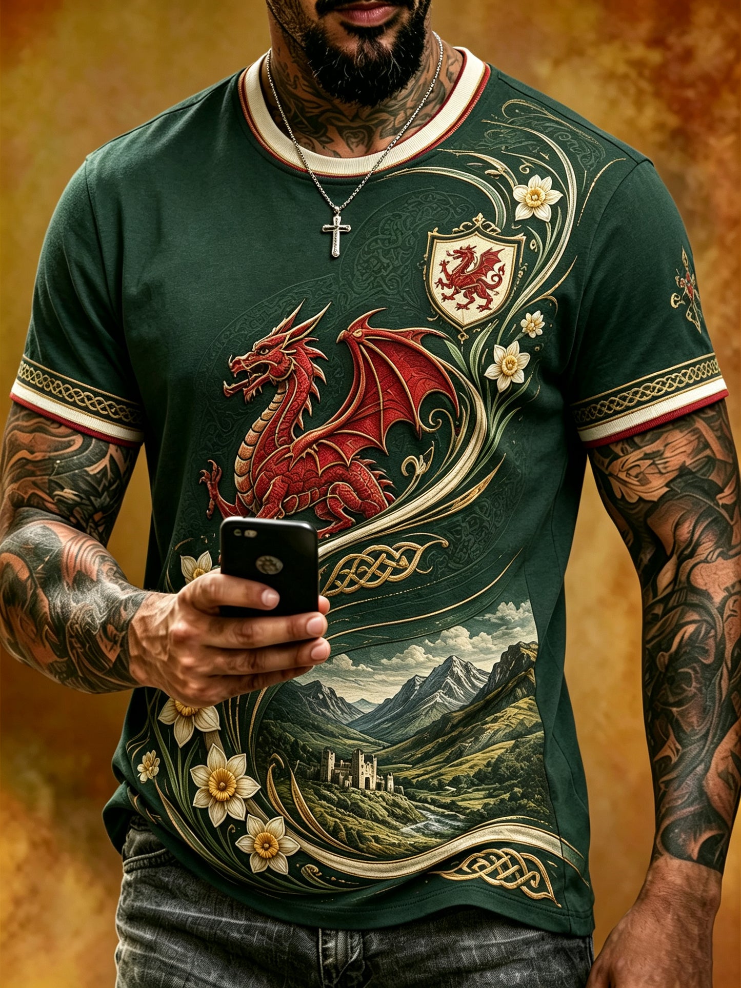 Men's Welsh Red Dragon Cultural Elements Art Print Casual T-Shirt