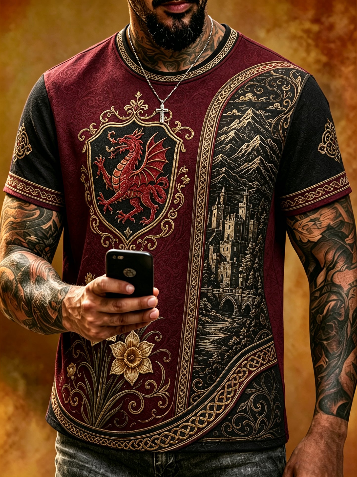 Men's Welsh Red Dragon Cultural Elements Art Print Casual T-Shirt