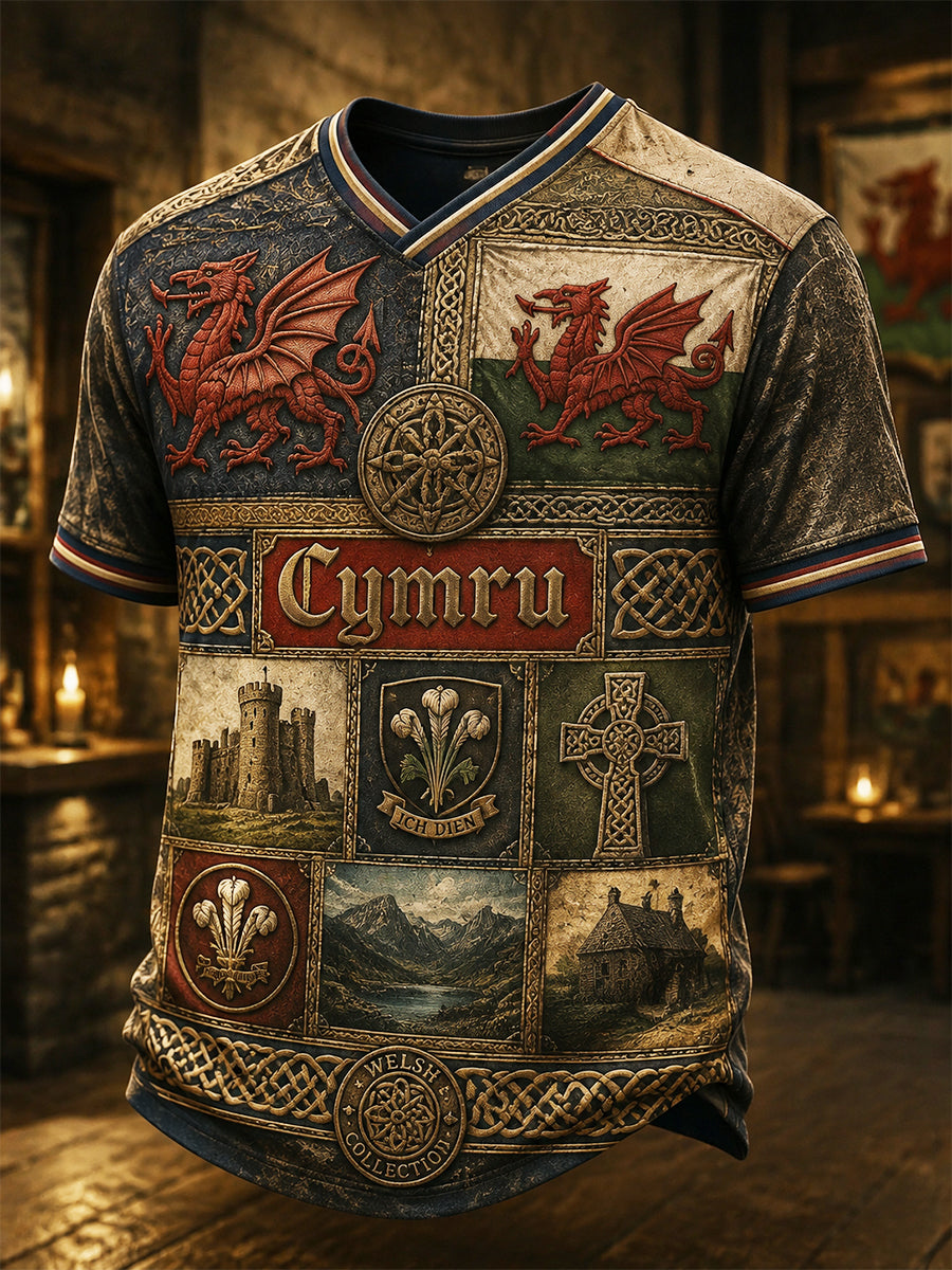 Men's Welsh Red Dragon Printed V-Neck T-Shirt