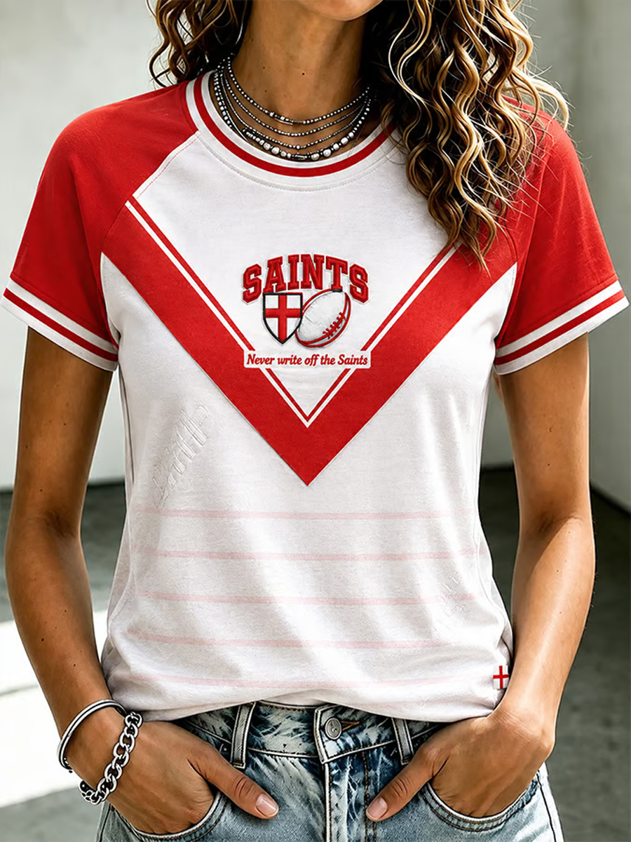 Women's Casual Rugby-Print round neck short sleeve T-shirt