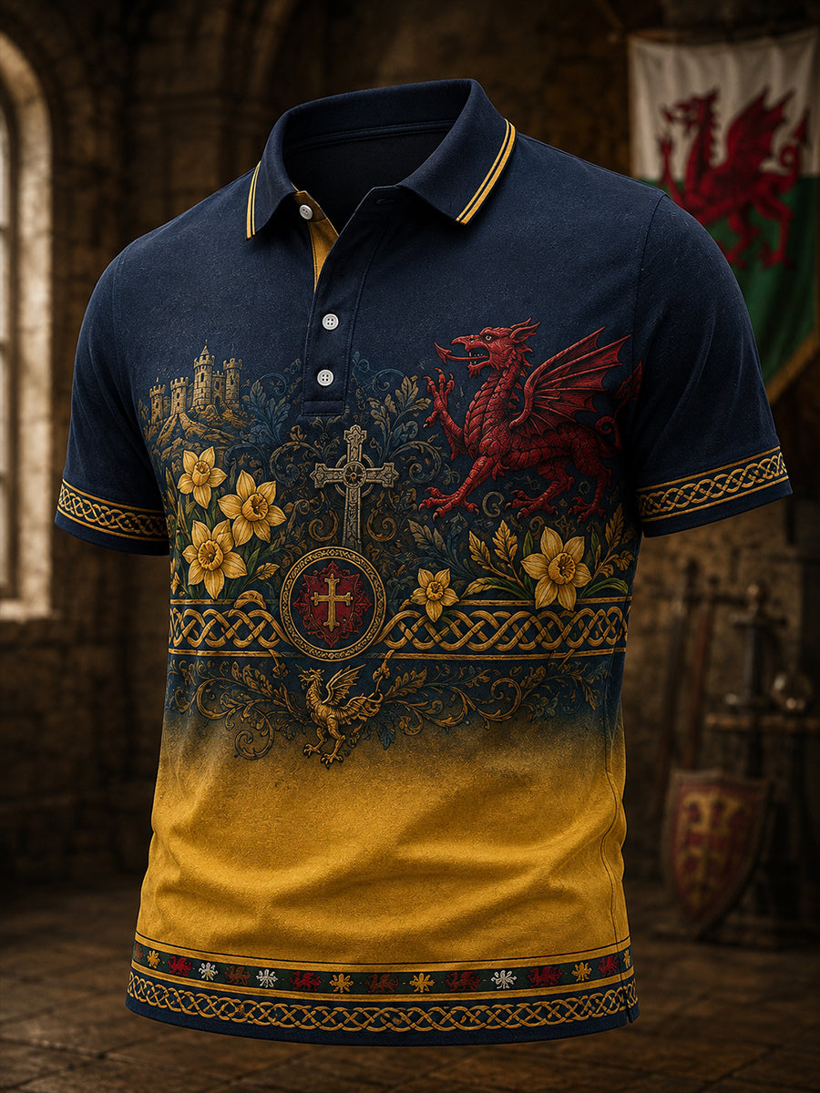 Men's Welsh-Themed Commemorative Art Print Casual Polo