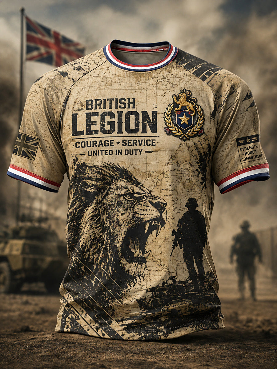 Men's Short-Sleeve Raglan Top With Vintage Military-Style Print