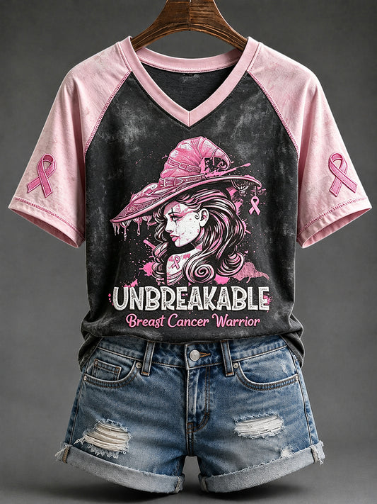 Women's Halloween Breast Cancer Warrior Unbreakable Print V-neck Short-sleeved T-shirt