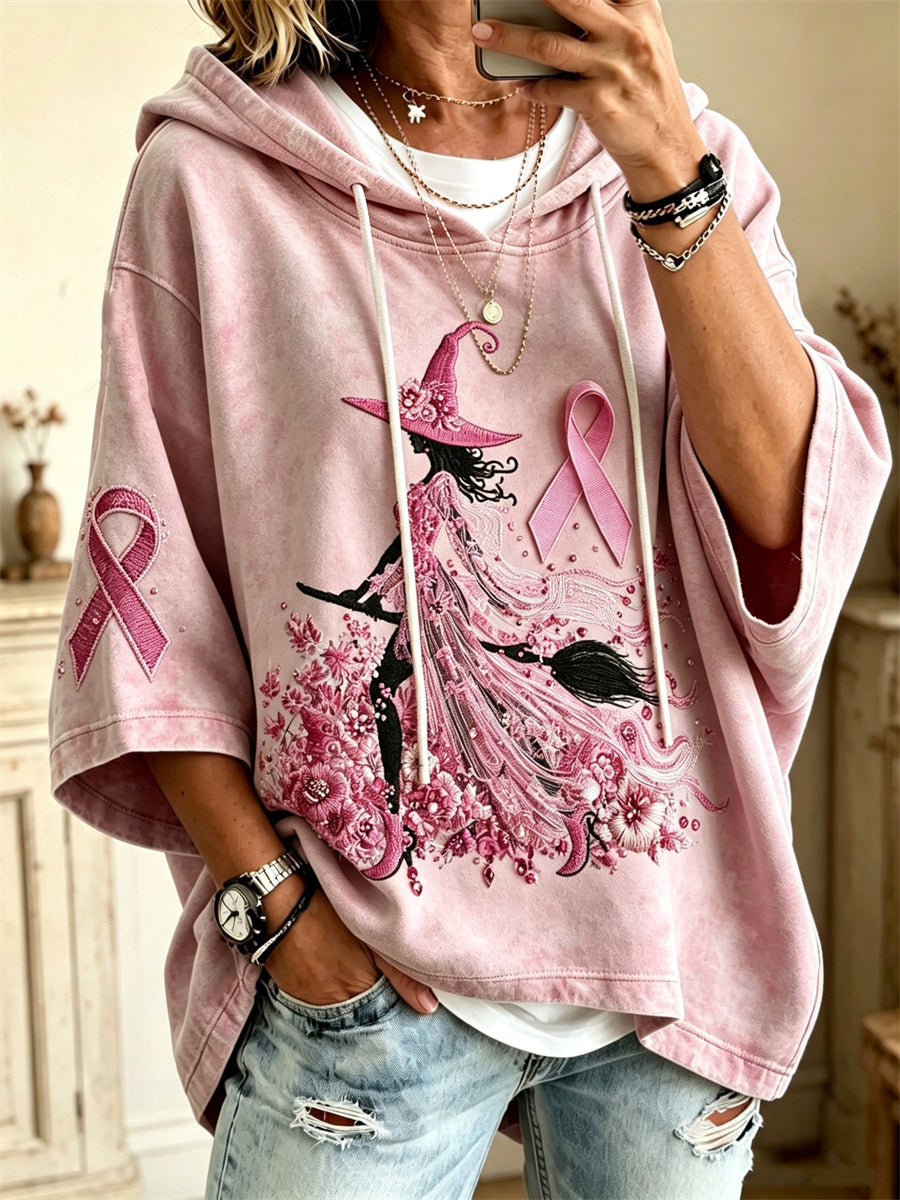 Women's Halloween Pink Witch Floral Pink Ribbon Print Mid Sleeve Oversize Hoodie