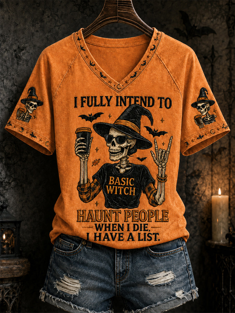 Women's Funny Halloween Skull Witch Print Casual V-Neck Tee