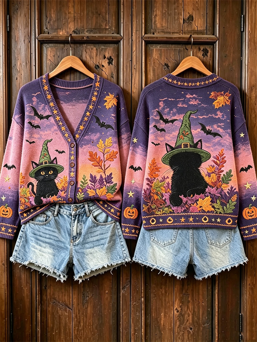 Women's Vintage Halloween Black Cat Pumpkin Fall Landscape Print Cardigan