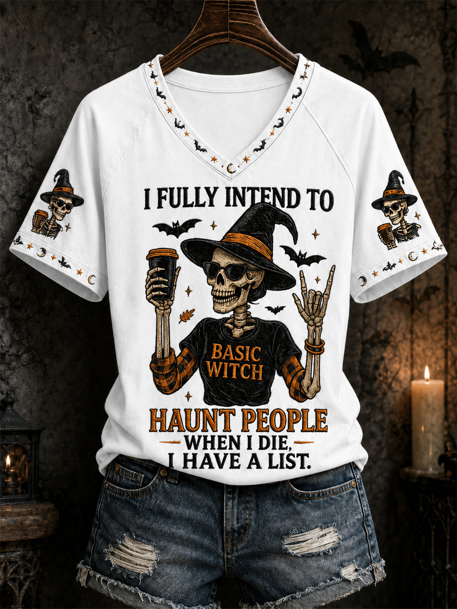 Women's Funny Halloween Skull Witch Print Casual V-Neck Tee