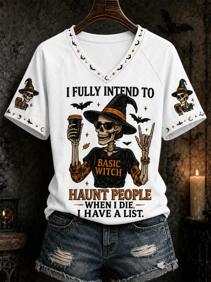 Women's Funny Halloween Skull Witch Print Casual V-Neck Tee