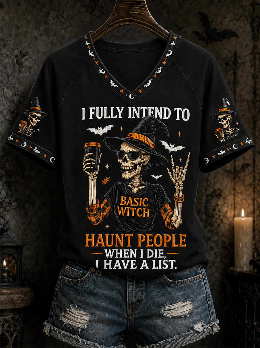 Women's Funny Halloween Skull Witch Print Casual V-Neck Tee