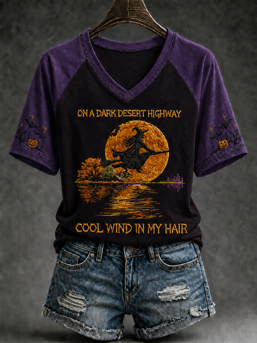 Women's Halloween Witch Pumpkin Bat V-neck Short Sleeve T-shirt