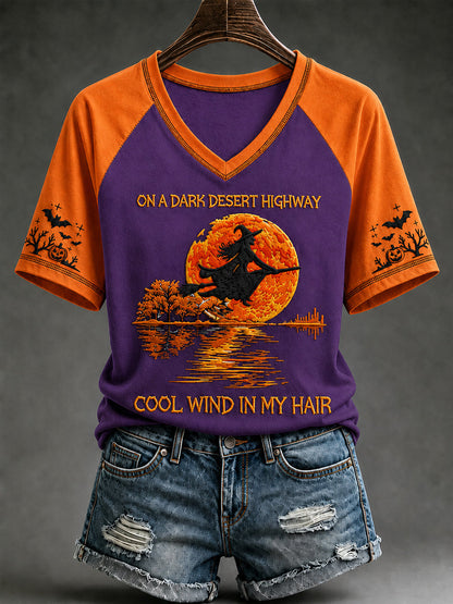 Women's Halloween Witch Pumpkin Bat V-neck Short Sleeve T-shirt