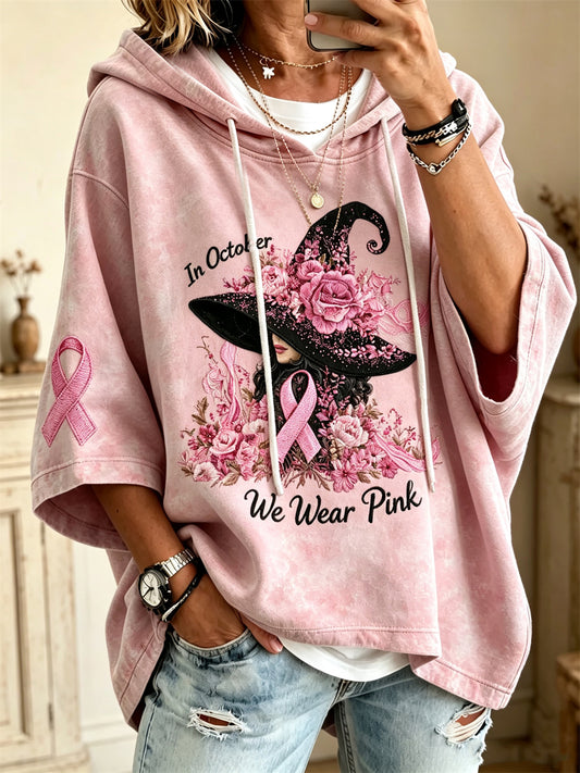 Women's In October We Wear Pink Halloween Pink Witch Floral Pink Ribbon Print Mid Sleeve Oversize Hoodie