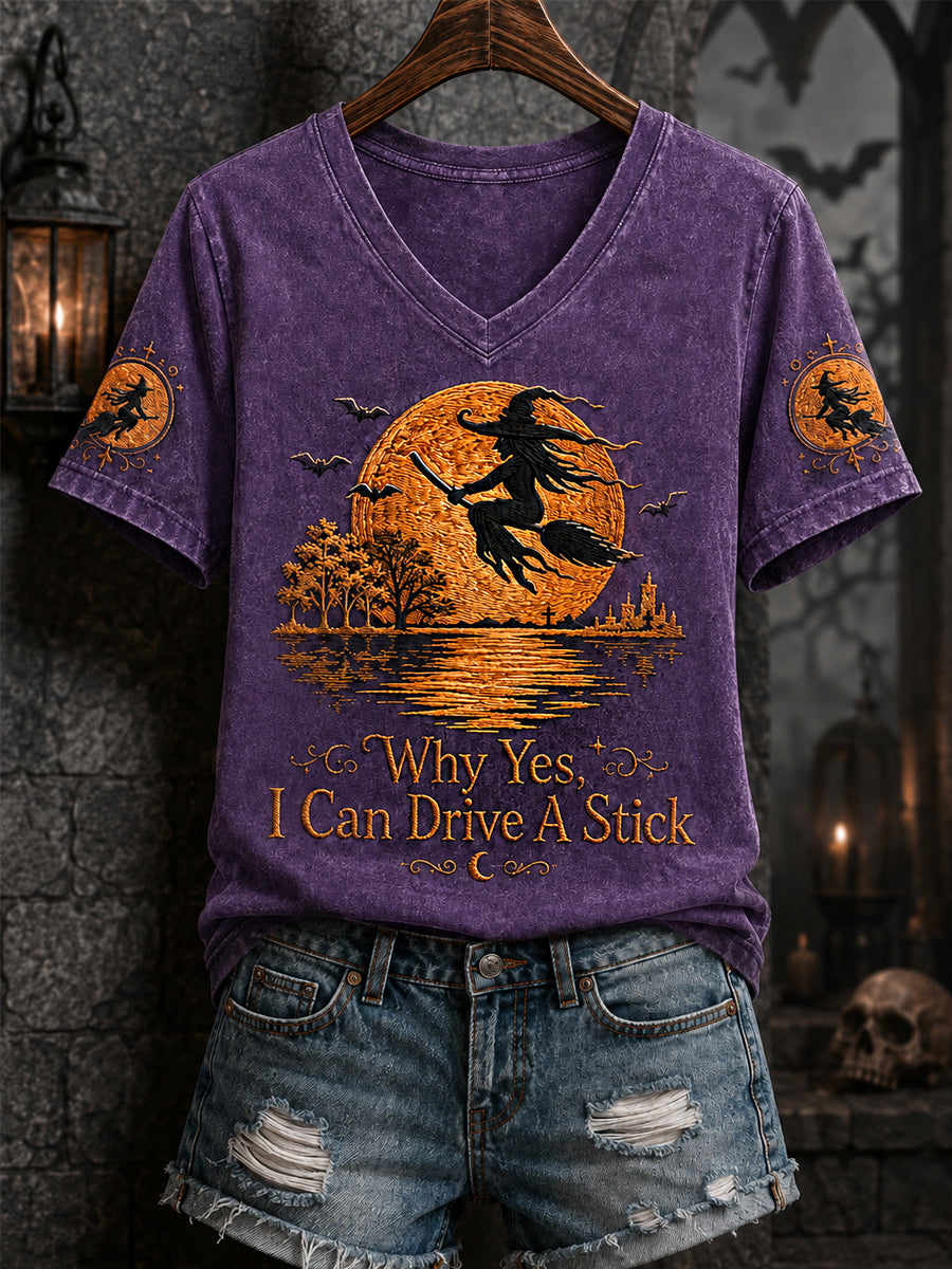 Women's Funny Halloween Witch Why Yes,Actually I Can Drive A Stick Print Casual V-Neck Tee