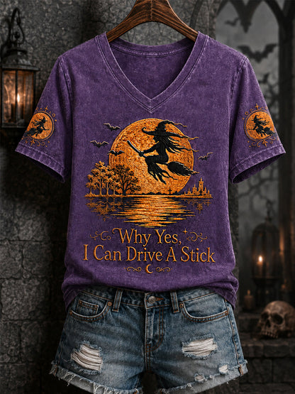 Women's Funny Halloween Witch Why Yes,Actually I Can Drive A Stick Print Casual V-Neck Tee