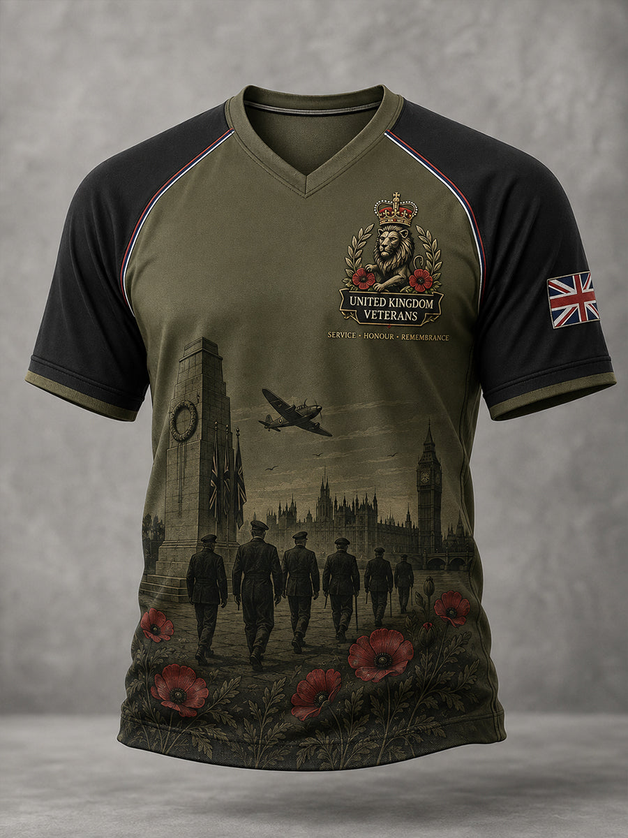 Men's Vintage Military-Print Raglan-Sleeve V-Neck T-Shirt