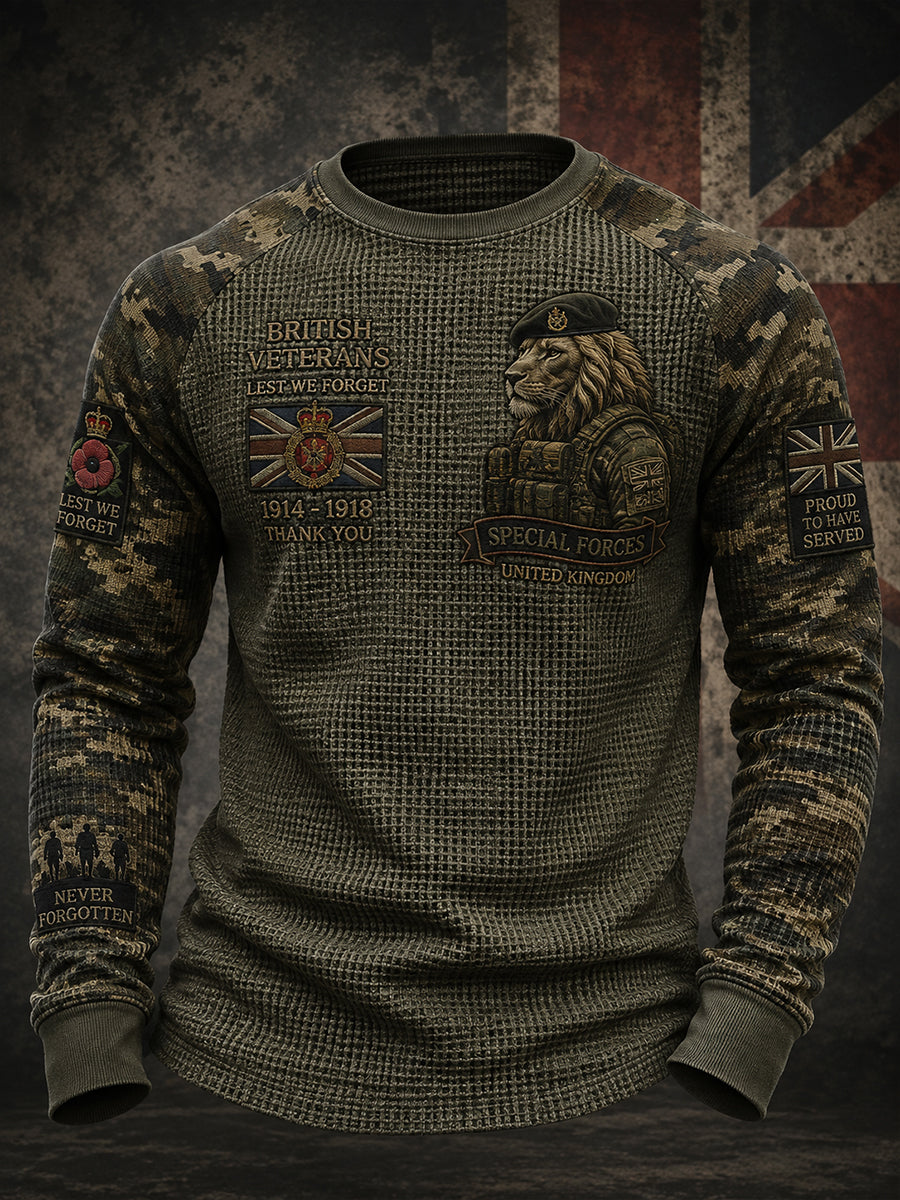 Men's Vintage Waffle-Knit Long-Sleeve T-Shirt With Camouflage Military-Style Print