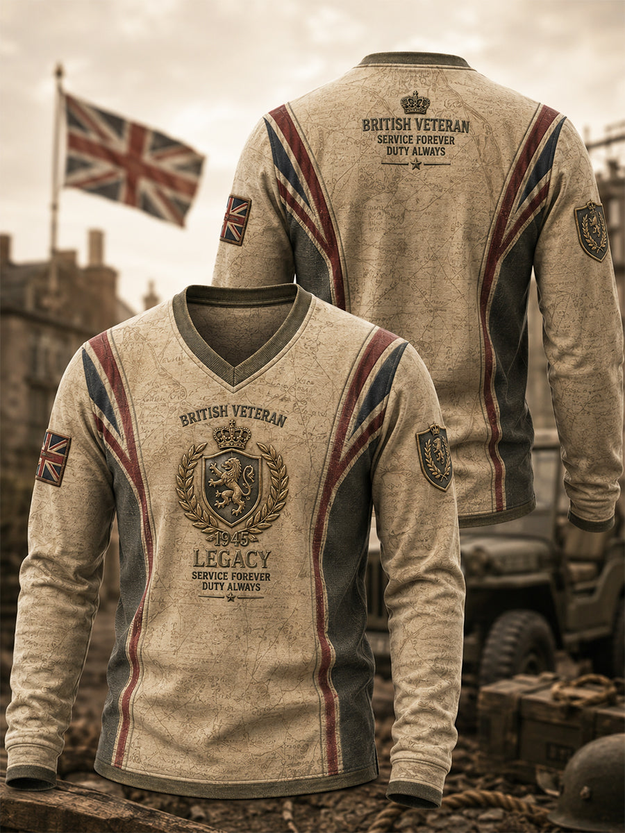 Men's British Veteran Commemorative Print Long-Sleeve V-Neck Top