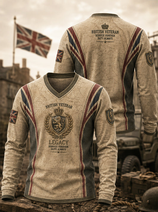 Men's British Veteran Commemorative Print Long-Sleeve V-Neck Top