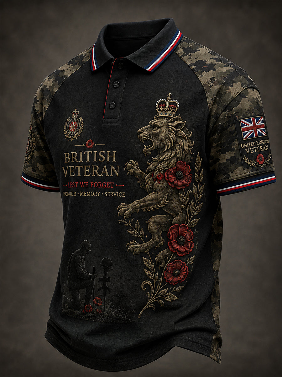 Men's Short-Sleeve Polo Shirt With Vintage Veteran Commemorative Print