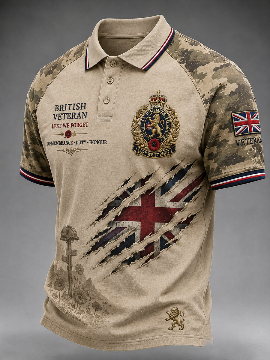 Men's Short-Sleeve Polo Shirt With Vintage Veteran Commemorative Print