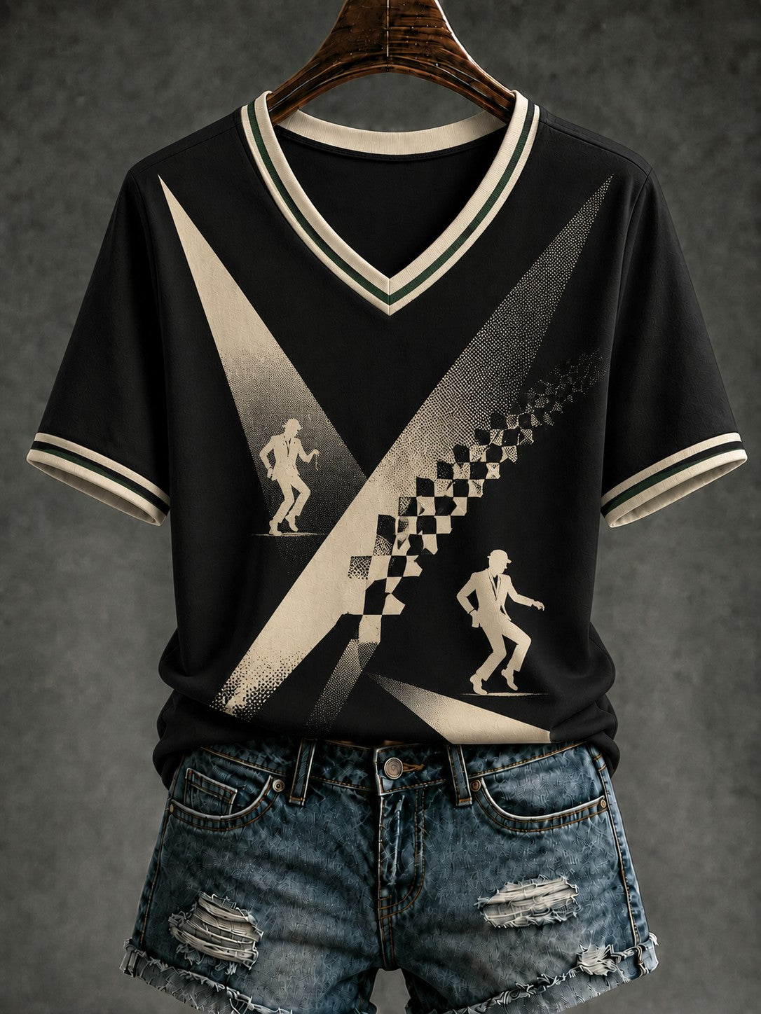 Women's Ska Revival Style Printed V-neck T-shirt