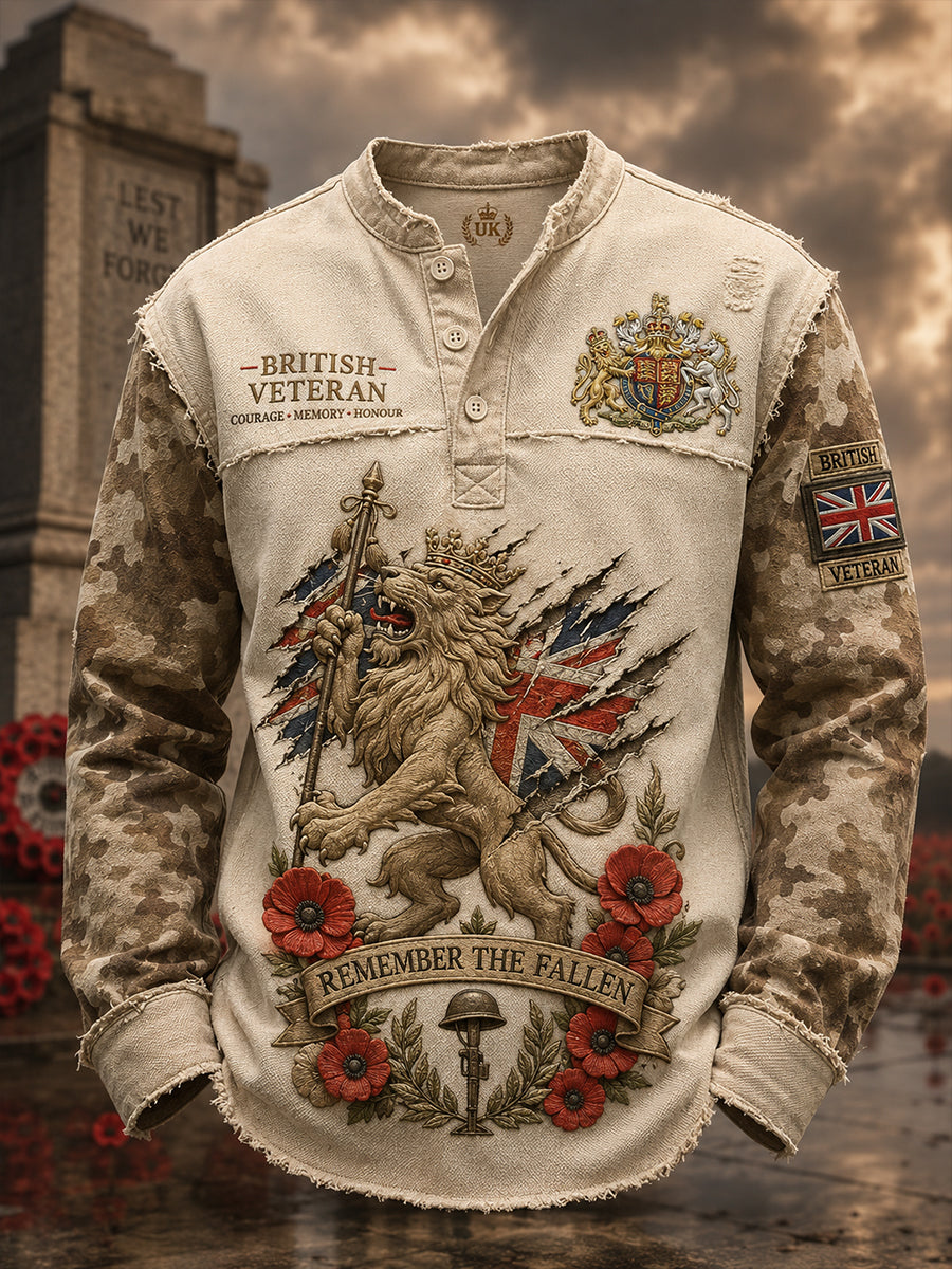 Men's Long-Sleeve Top With Vintage Camouflage And Veteran Commemorative Print