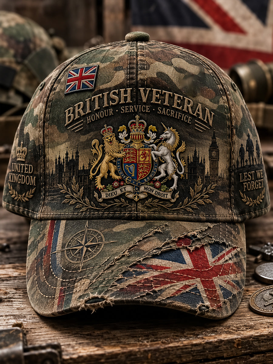 Men's Vintage-Style Cap Featuring Camouflage And Veteran Commemorative Prints