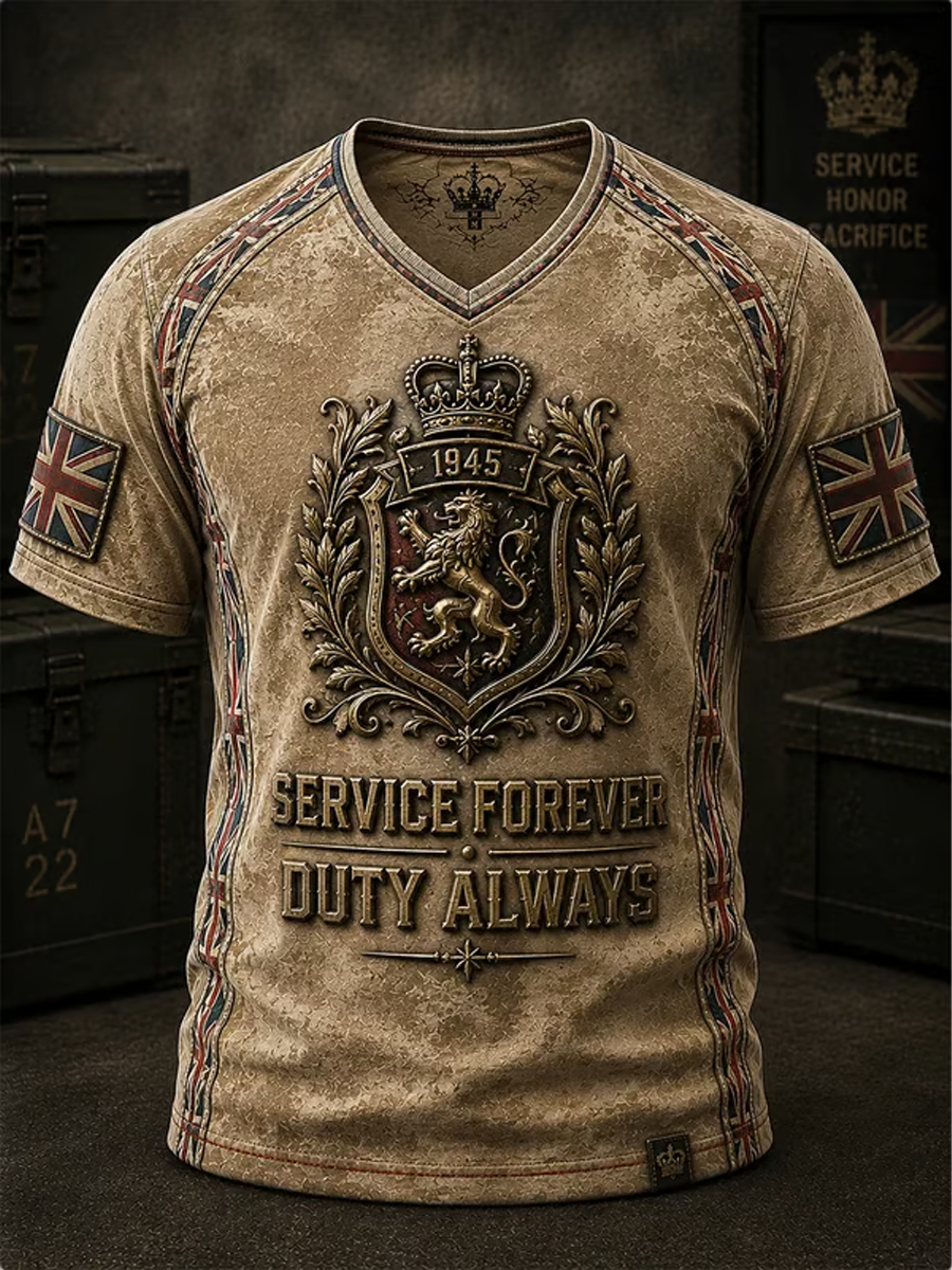 Men's British Veteran Print V-neck T-shirt