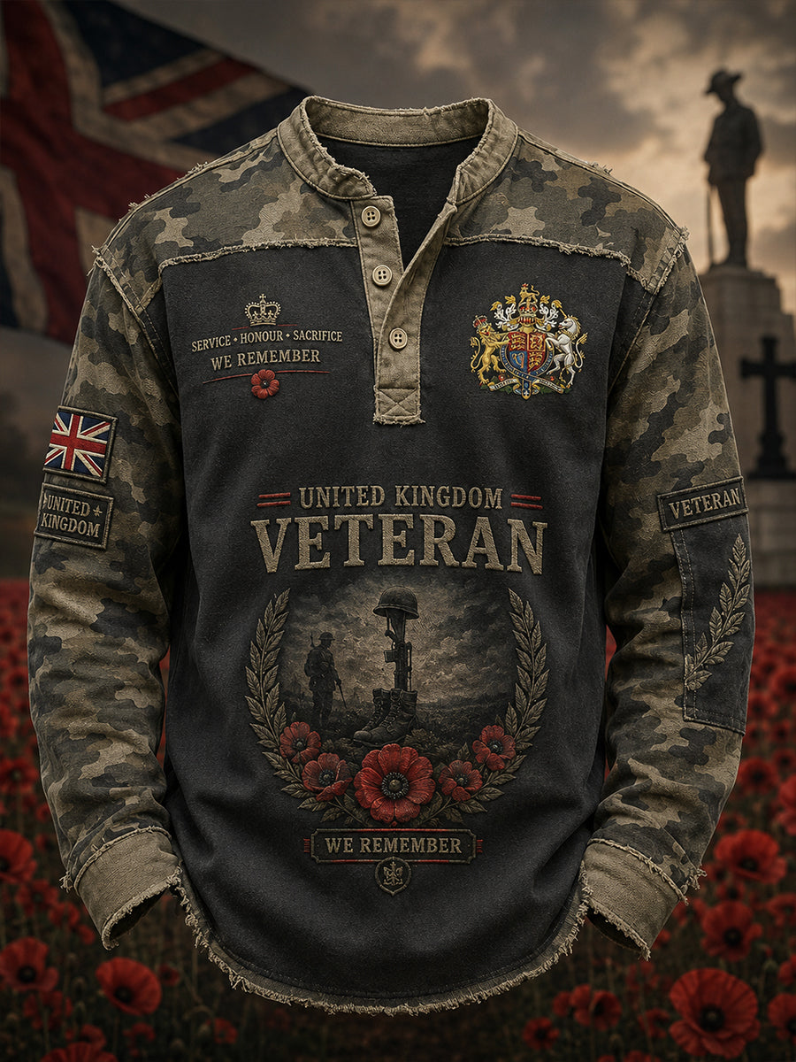 Men's Long-Sleeve Top With Vintage Camouflage And Veteran Commemorative Print